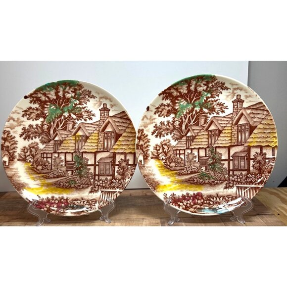 Vintage English Cottage Scene Decorative Plates By Crown Ming 10" Diameter Ceram - Picture 1 of 4